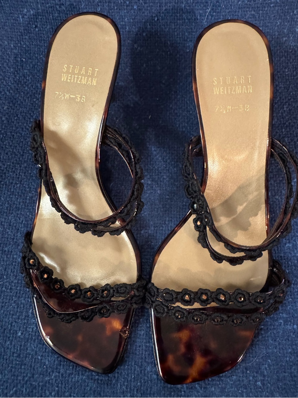 Stuart Weitzman Black Lace Tortoiseshell Slide Kitten Heels Sz 7.5